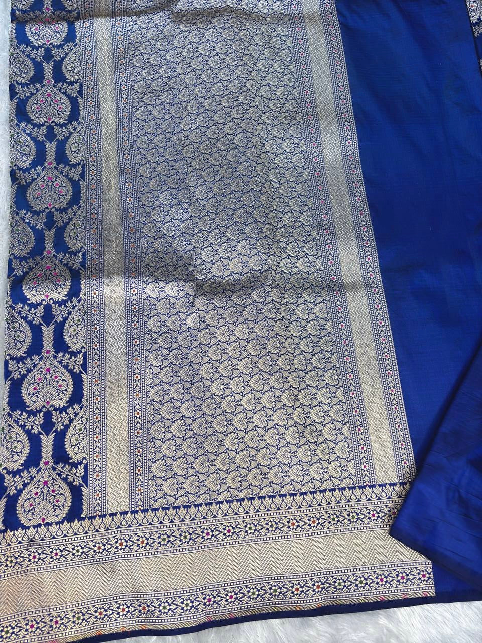Royal Blue Pure Katan Silk Banarasi Saree with Meenakari Jungla Jhaal & Grand Zari Border