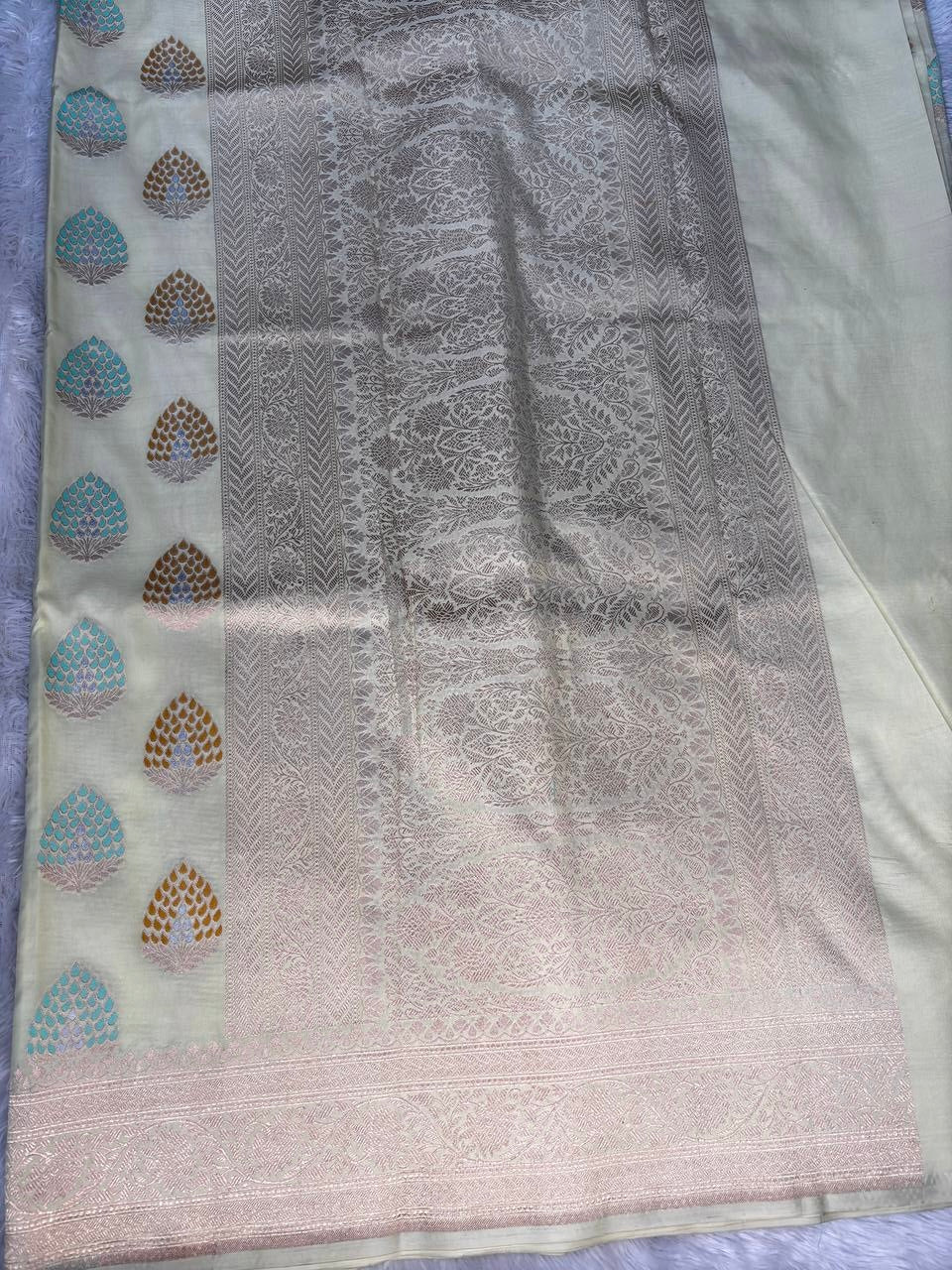 Off-White Ivory Pure Katan Silk Banarasi Saree with Pastel Meenakari Jungla & Antique Zari