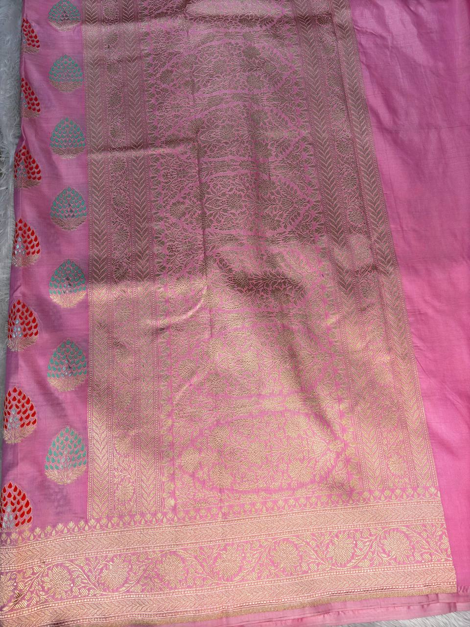 Candy Pink Pure Katan Silk Banarasi Saree with Meenakari Jungla Buta & Grand Zari Pallu