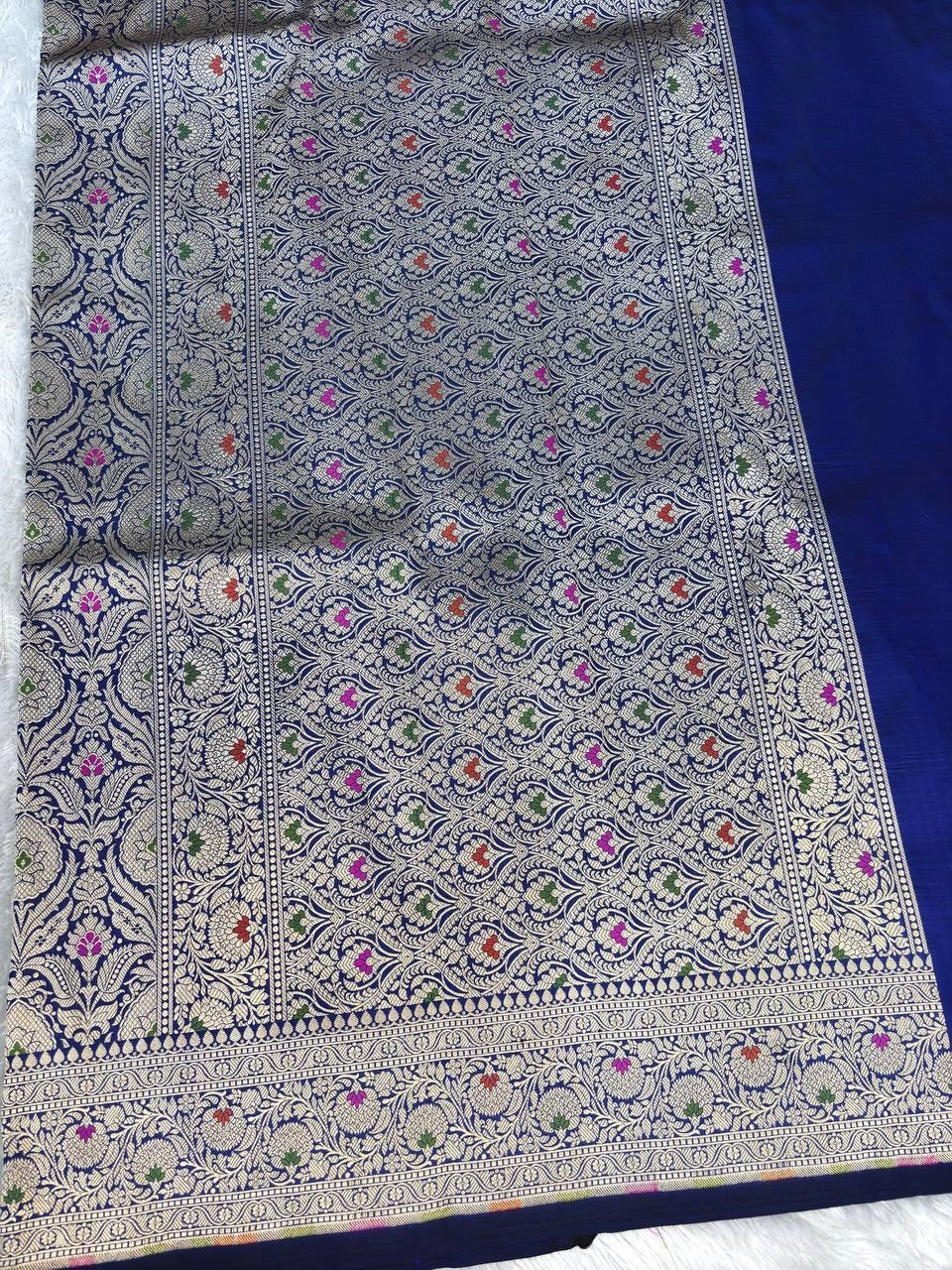 Royal Navy Blue Pure Katan Silk Banarasi Saree with Silver-Gold Meenakari Jungla Jhaal & Grand Zari Border