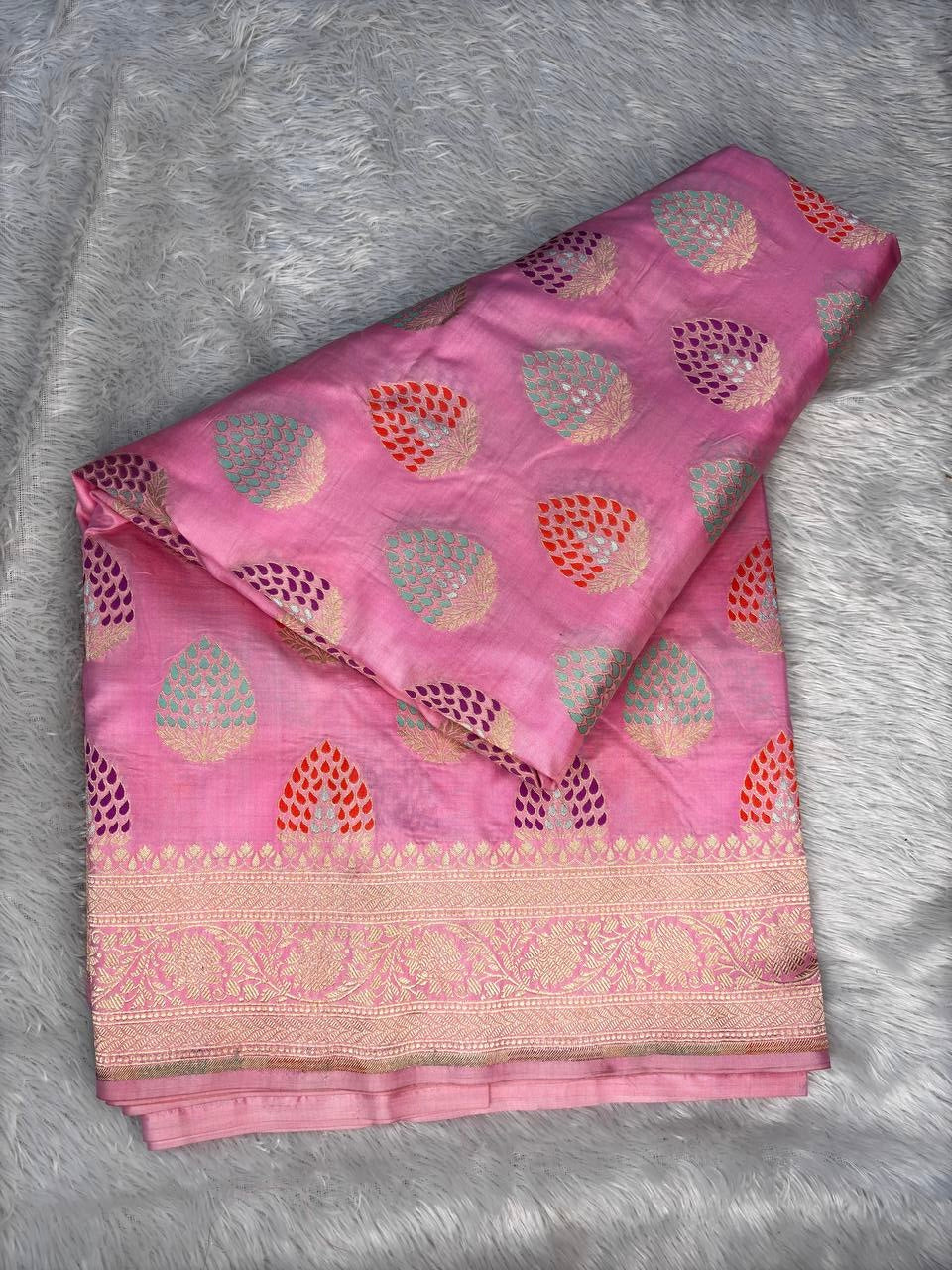 Candy Pink Pure Katan Silk Banarasi Saree with Meenakari Jungla Buta & Grand Zari Pallu