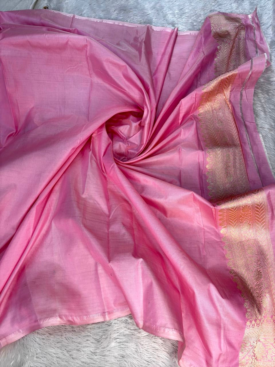 Candy Pink Pure Katan Silk Banarasi Saree with Meenakari Jungla Buta & Grand Zari Pallu