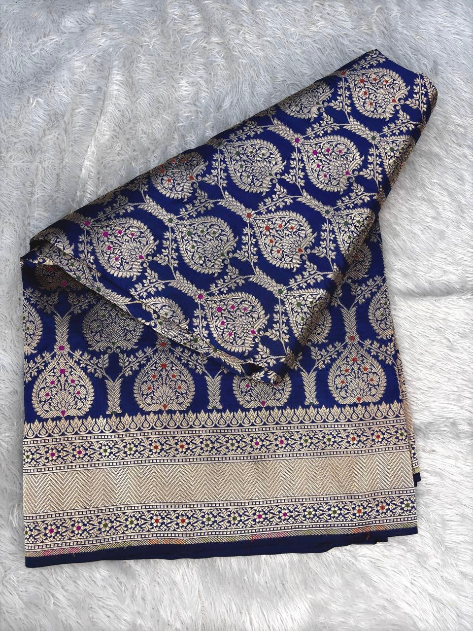 Royal Blue Pure Katan Silk Banarasi Saree with Meenakari Jungla Jhaal & Grand Zari Border