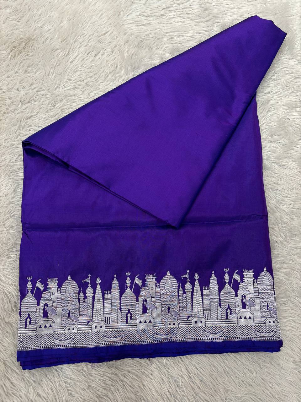 Royal Violet Blue Handloom Banarasi Katan Silk Saree | Silver Zari Kadhua Varanasi Ghat Landscape & Baajra Boat Border