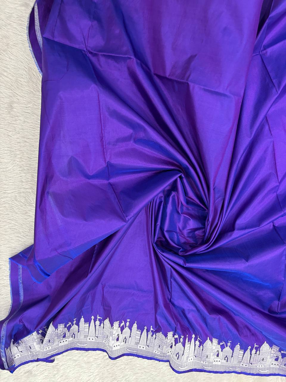 Royal Violet Blue Handloom Banarasi Katan Silk Saree | Silver Zari Kadhua Varanasi Ghat Landscape & Baajra Boat Border