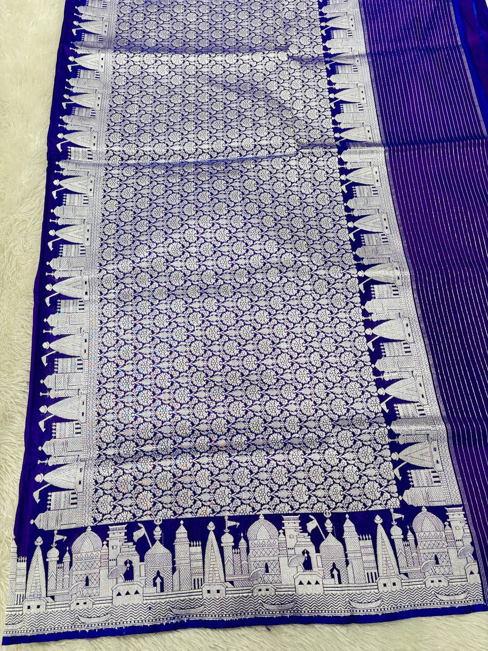 Royal Violet Blue Handloom Banarasi Katan Silk Saree | Silver Zari Kadhua Varanasi Ghat Landscape & Baajra Boat Border