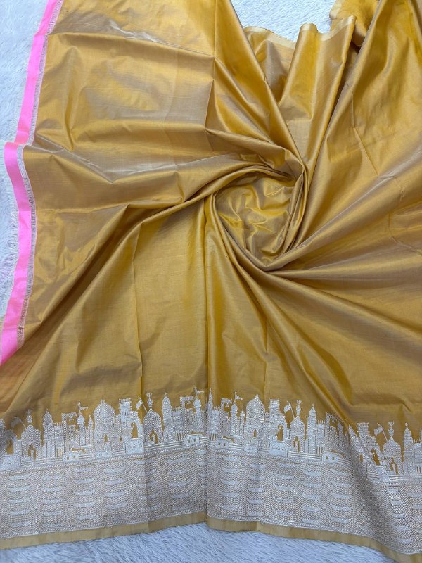 Mustard Gold Handloom Banarasi Katan Silk Saree | Silver Zari Kadhua Varanasi Ghat Landscape & Baajra Boat Border