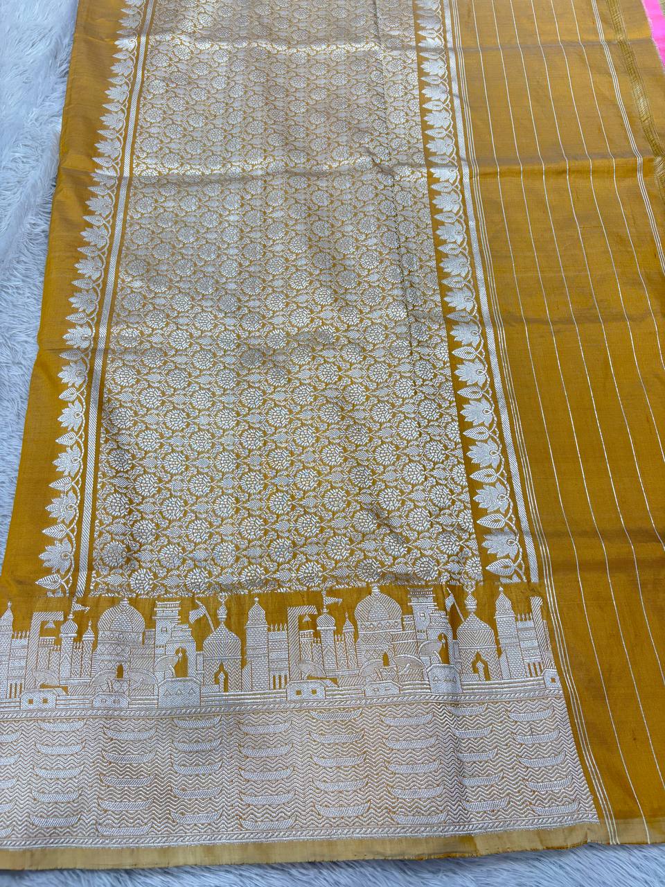 Mustard Gold Handloom Banarasi Katan Silk Saree | Silver Zari Kadhua Varanasi Ghat Landscape & Baajra Boat Border