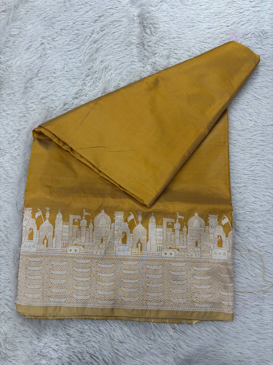 Mustard Gold Handloom Banarasi Katan Silk Saree | Silver Zari Kadhua Varanasi Ghat Landscape & Baajra Boat Border