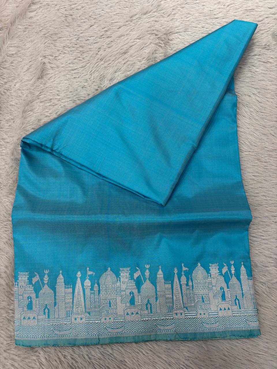 Firoza Turquoise Handloom Banarasi Katan Silk Saree | Silver Zari Kadhua Varanasi Ghat Landscape & Baajra Boat Border