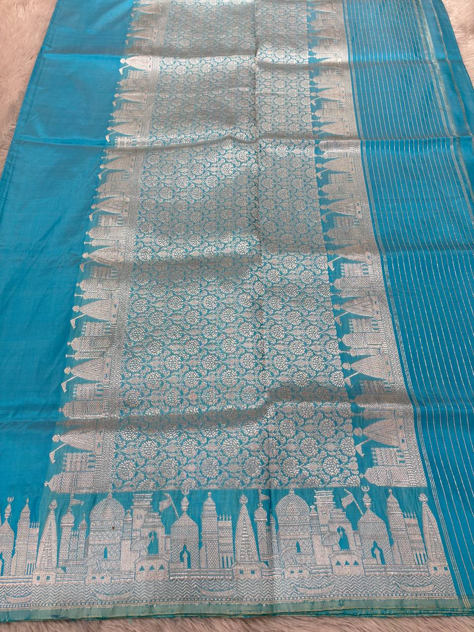 Firoza Turquoise Handloom Banarasi Katan Silk Saree | Silver Zari Kadhua Varanasi Ghat Landscape & Baajra Boat Border