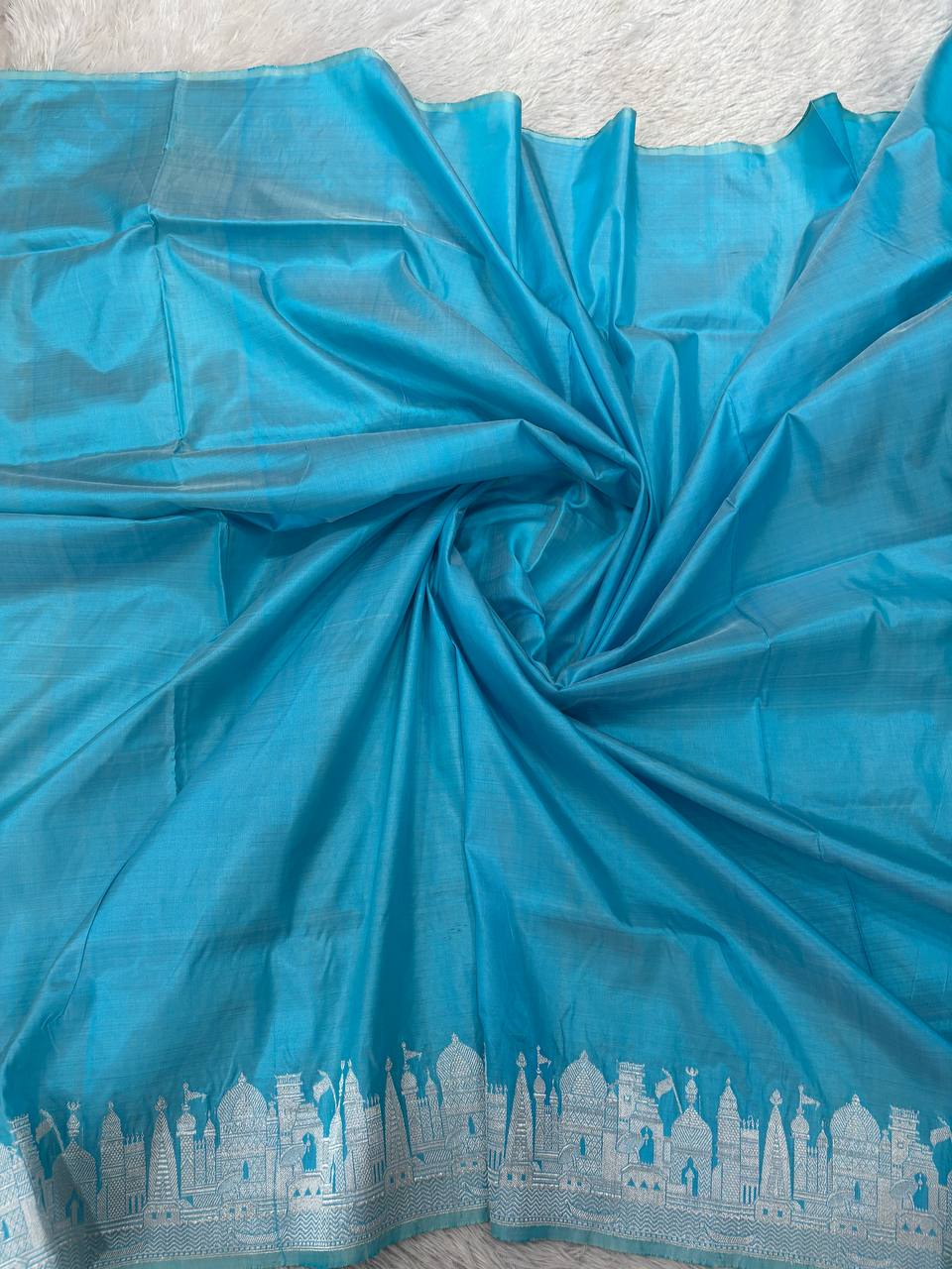 Firoza Turquoise Handloom Banarasi Katan Silk Saree | Silver Zari Kadhua Varanasi Ghat Landscape & Baajra Boat Border