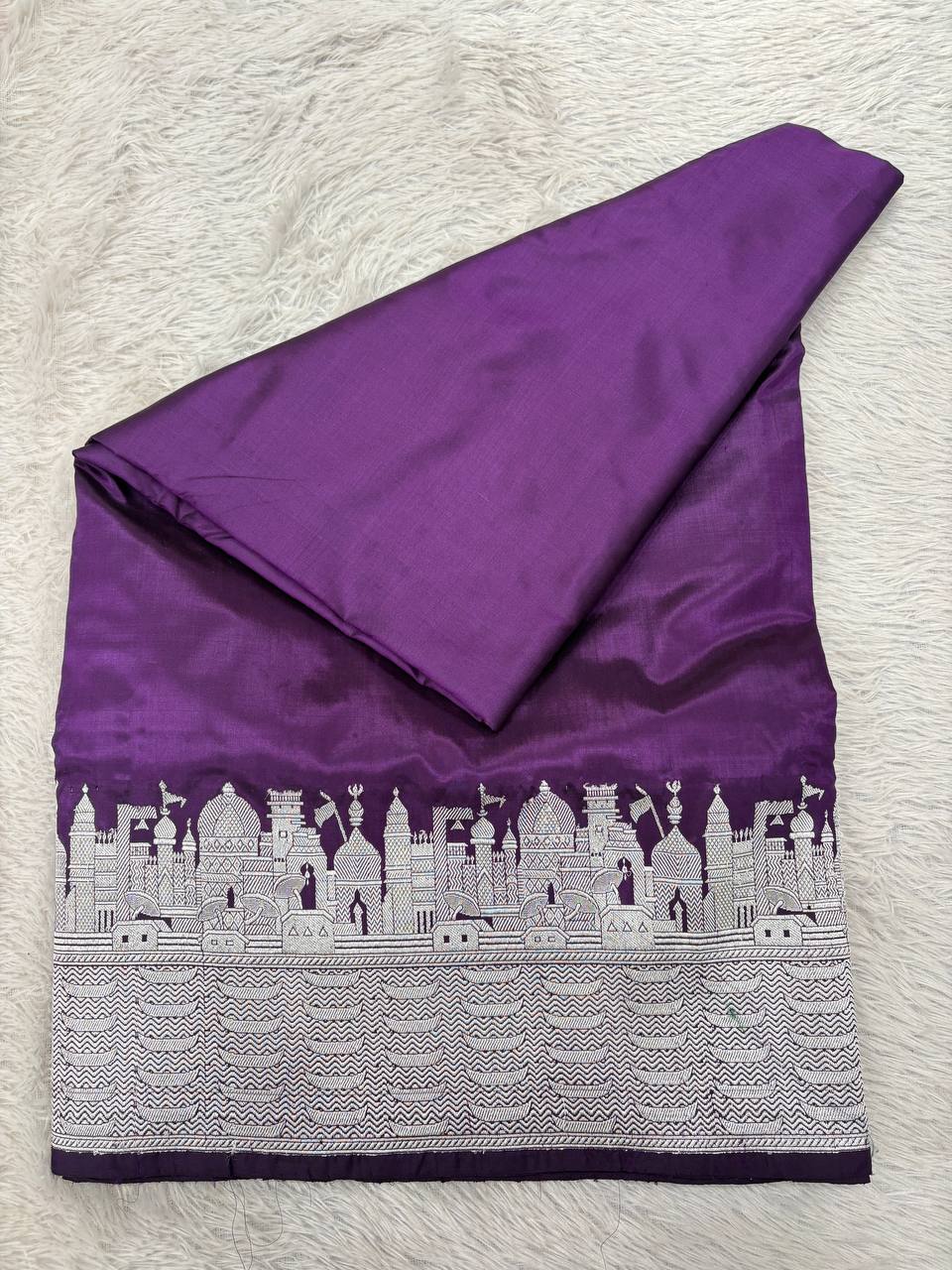 Plum Wine Purple Handloom Banarasi Katan Silk Saree | Silver Zari Kadhua Varanasi Ghat Landscape & Baajra Boat Border