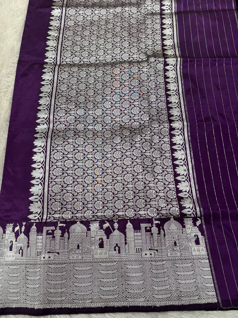 Plum Wine Purple Handloom Banarasi Katan Silk Saree | Silver Zari Kadhua Varanasi Ghat Landscape & Baajra Boat Border