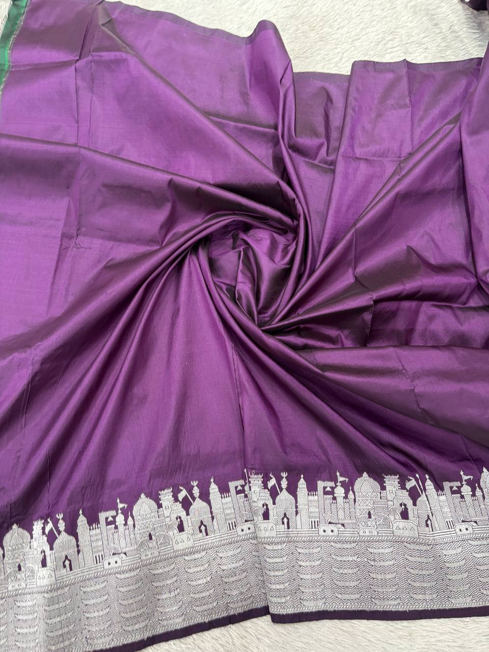 Plum Wine Purple Handloom Banarasi Katan Silk Saree | Silver Zari Kadhua Varanasi Ghat Landscape & Baajra Boat Border