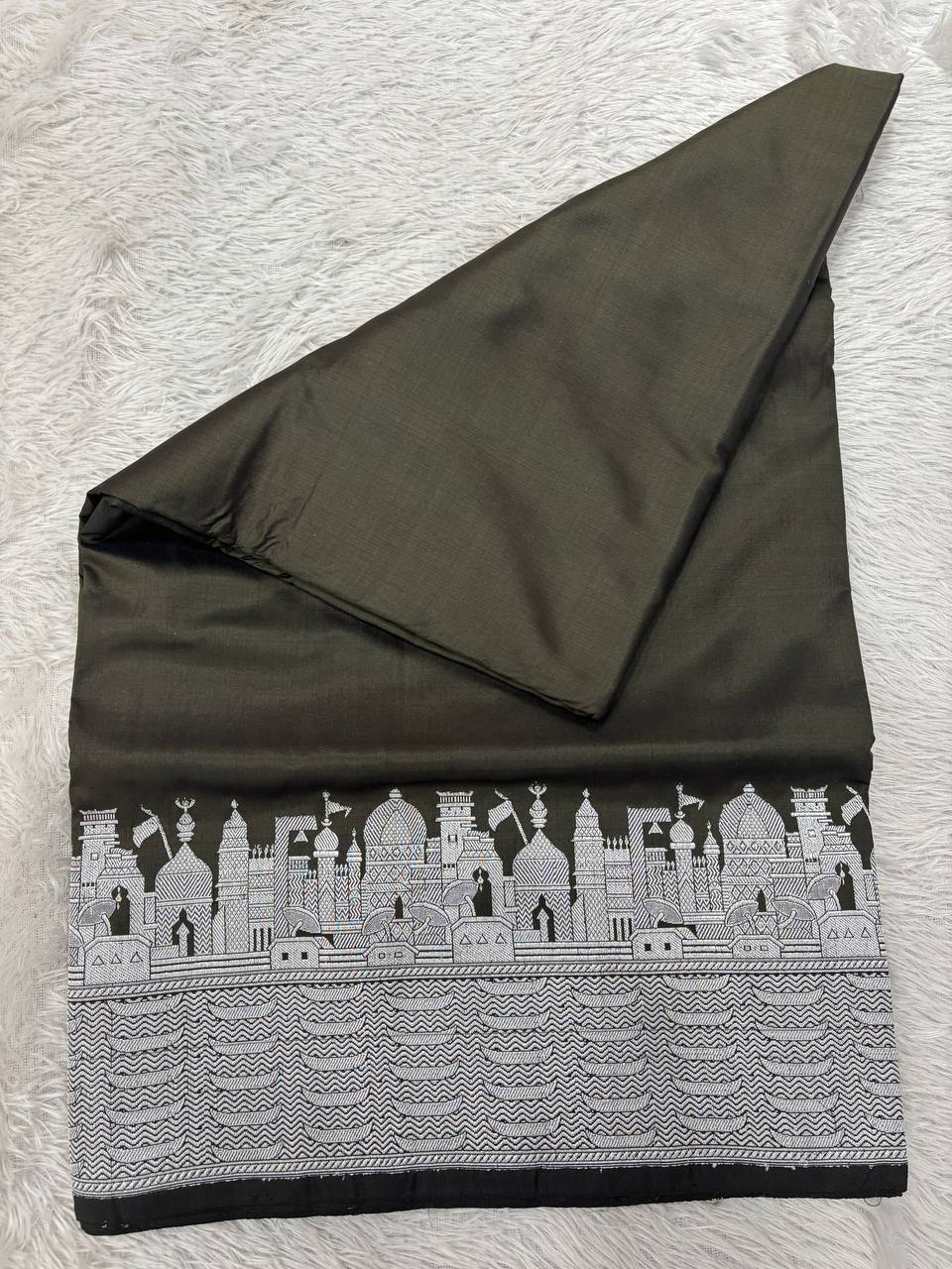 Midnight Black Handloom Banarasi Katan Silk Saree | Silver Zari Kadhua Varanasi Ghat Landscape & Baajra Boat Border
