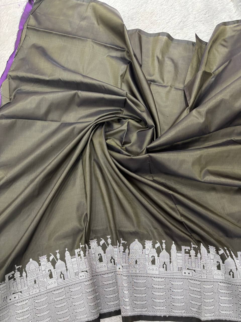 Midnight Black Handloom Banarasi Katan Silk Saree | Silver Zari Kadhua Varanasi Ghat Landscape & Baajra Boat Border