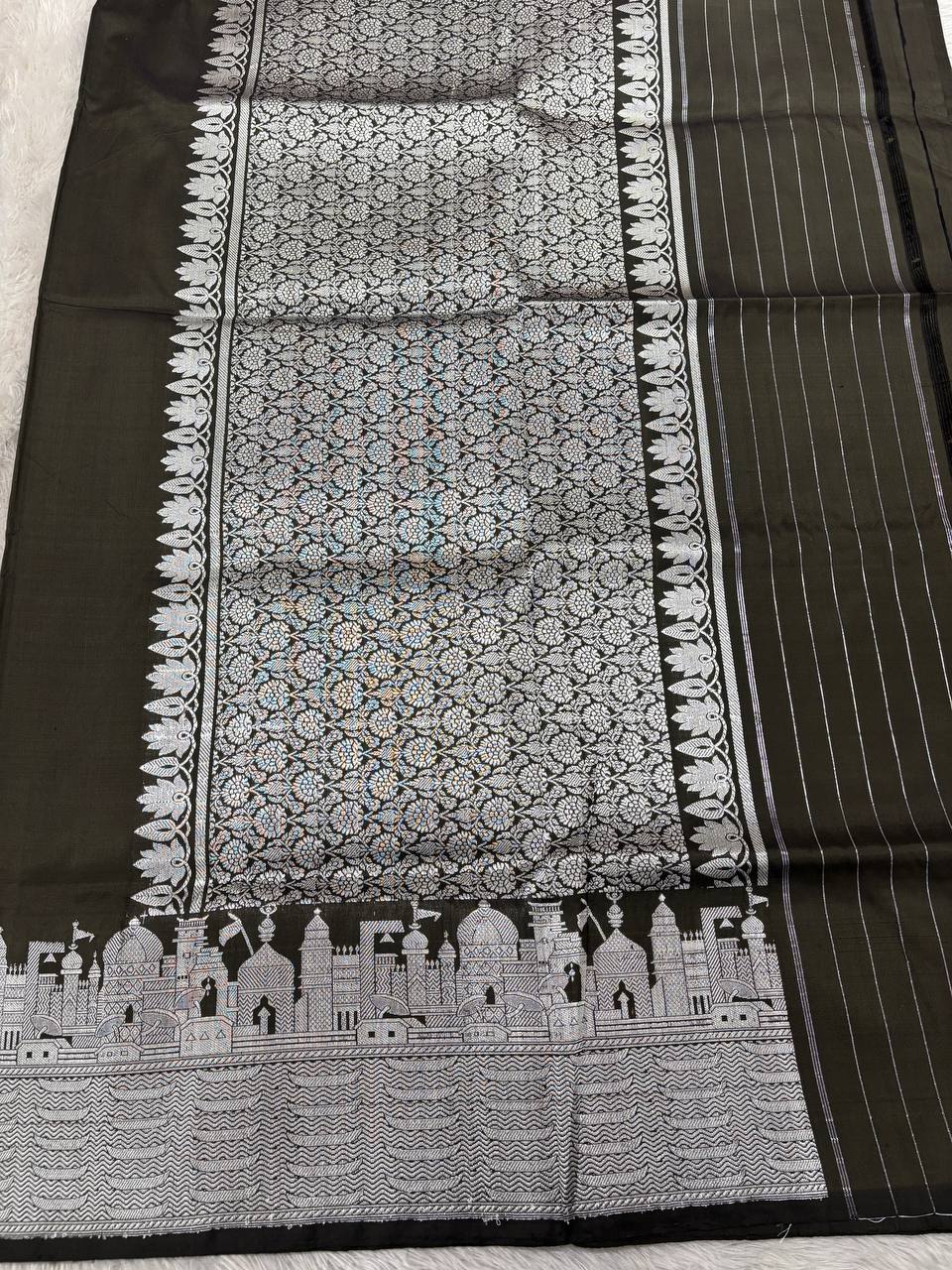 Midnight Black Handloom Banarasi Katan Silk Saree | Silver Zari Kadhua Varanasi Ghat Landscape & Baajra Boat Border