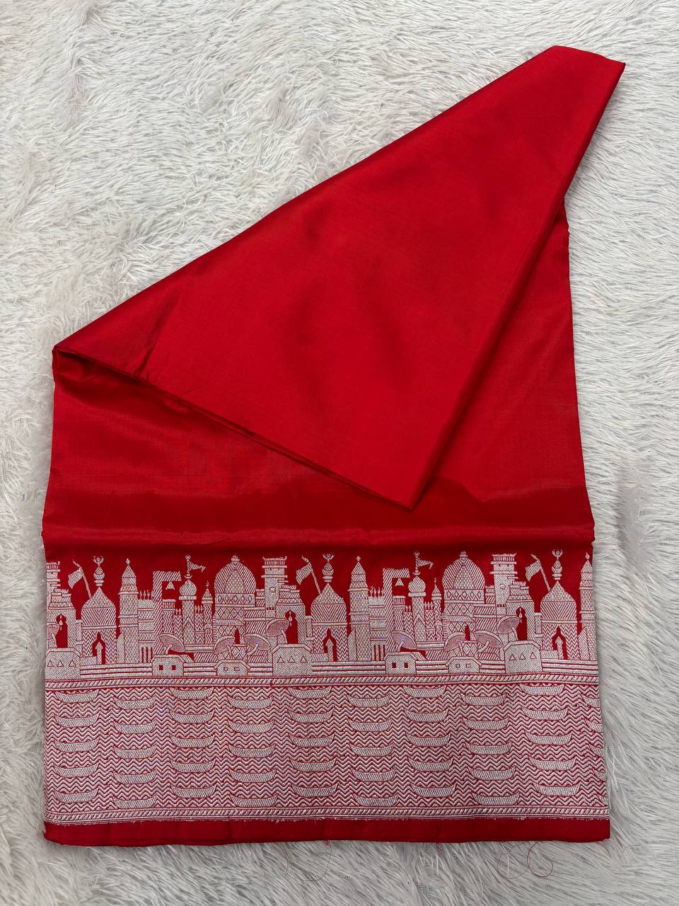 Bridal Scarlet Red Handloom Banarasi Katan Silk Saree | Silver Zari Kadhua Varanasi Ghat Landscape & Baajra Boat Border