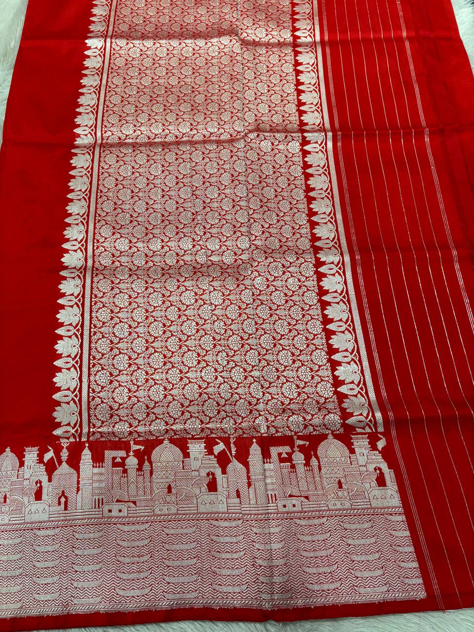 Bridal Scarlet Red Handloom Banarasi Katan Silk Saree | Silver Zari Kadhua Varanasi Ghat Landscape & Baajra Boat Border