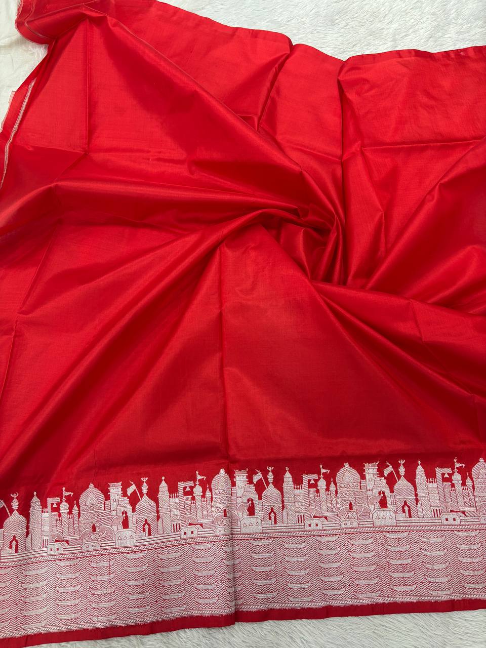 Bridal Scarlet Red Handloom Banarasi Katan Silk Saree | Silver Zari Kadhua Varanasi Ghat Landscape & Baajra Boat Border