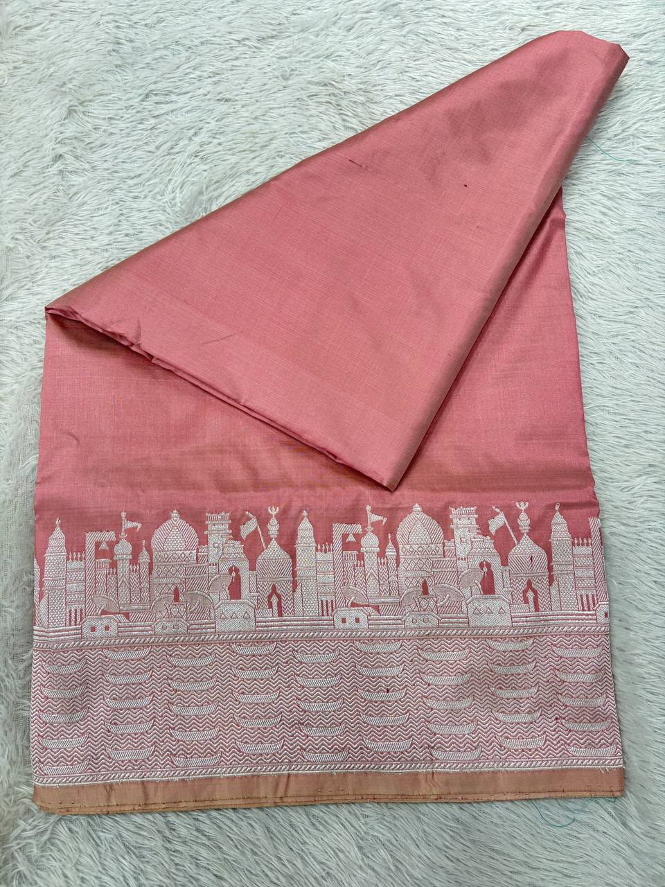 Pastel Onion Pink Handloom Banarasi Katan Silk Saree | Silver Zari Kadhua Varanasi Ghat Landscape & Baajra Boat Border