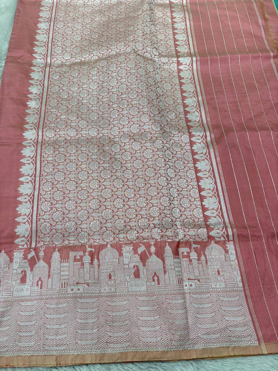 Pastel Onion Pink Handloom Banarasi Katan Silk Saree | Silver Zari Kadhua Varanasi Ghat Landscape & Baajra Boat Border