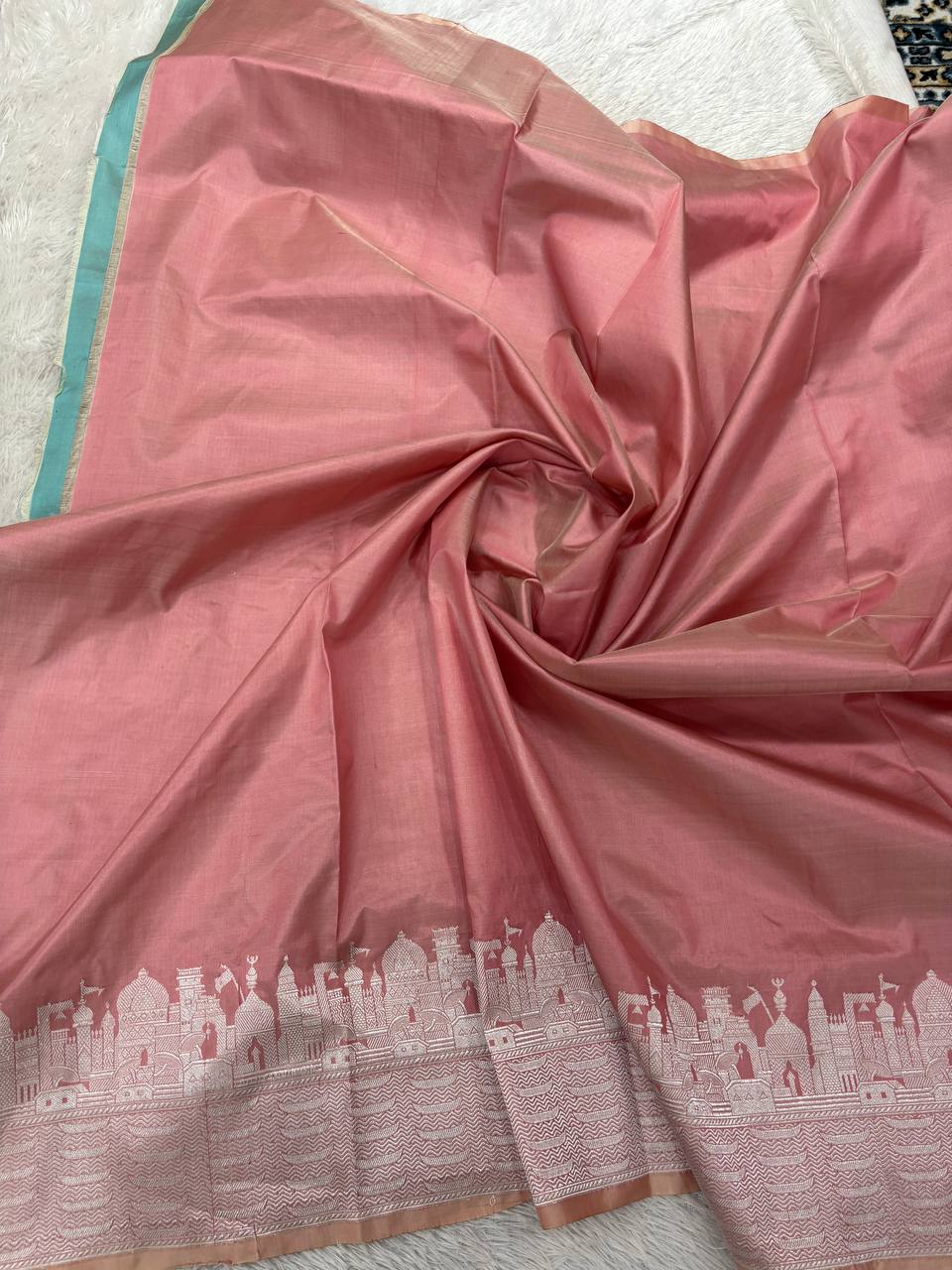 Pastel Onion Pink Handloom Banarasi Katan Silk Saree | Silver Zari Kadhua Varanasi Ghat Landscape & Baajra Boat Border