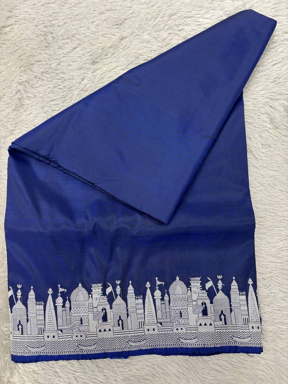 Ink Blue Handloom Banarasi Katan Silk Saree | Silver Zari Kadhua Varanasi Ghat Landscape & Baajra Boat Border