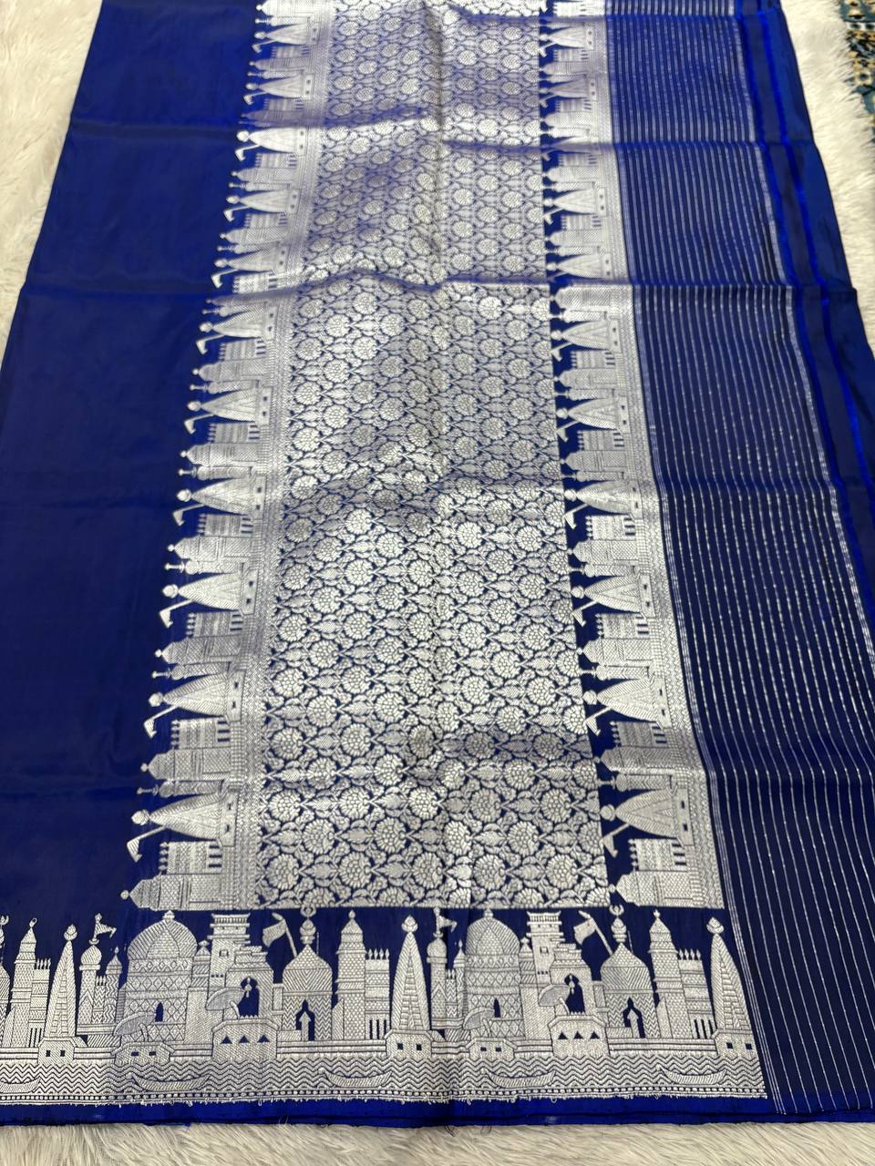 Ink Blue Handloom Banarasi Katan Silk Saree | Silver Zari Kadhua Varanasi Ghat Landscape & Baajra Boat Border