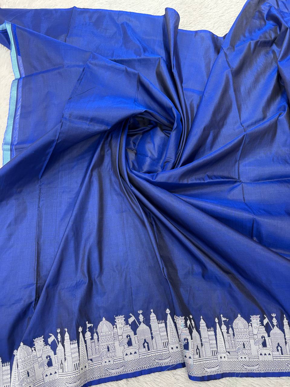 Ink Blue Handloom Banarasi Katan Silk Saree | Silver Zari Kadhua Varanasi Ghat Landscape & Baajra Boat Border