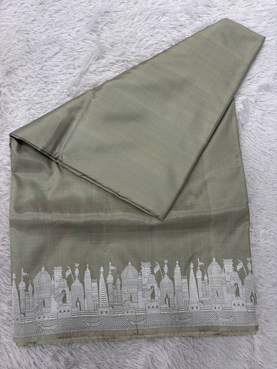 Metallic Sage Grey Handloom Banarasi Katan Silk Saree | Silver Zari Kadhua Varanasi Ghat Landscape & Baajra Boat Border