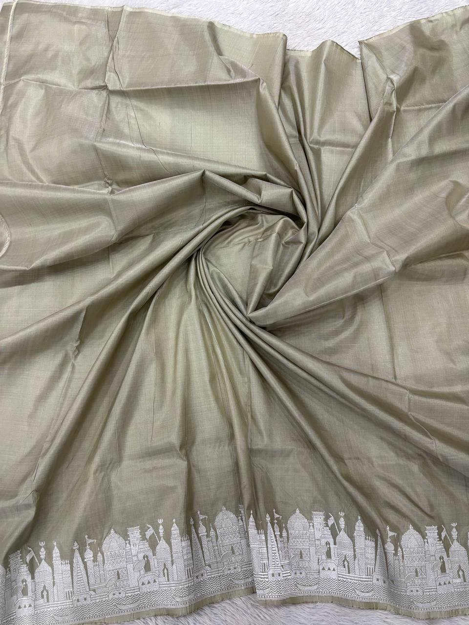 Metallic Sage Grey Handloom Banarasi Katan Silk Saree | Silver Zari Kadhua Varanasi Ghat Landscape & Baajra Boat Border