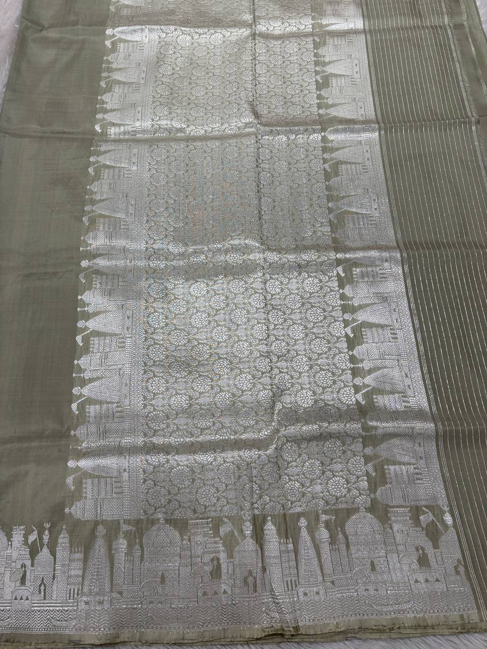 Metallic Sage Grey Handloom Banarasi Katan Silk Saree | Silver Zari Kadhua Varanasi Ghat Landscape & Baajra Boat Border