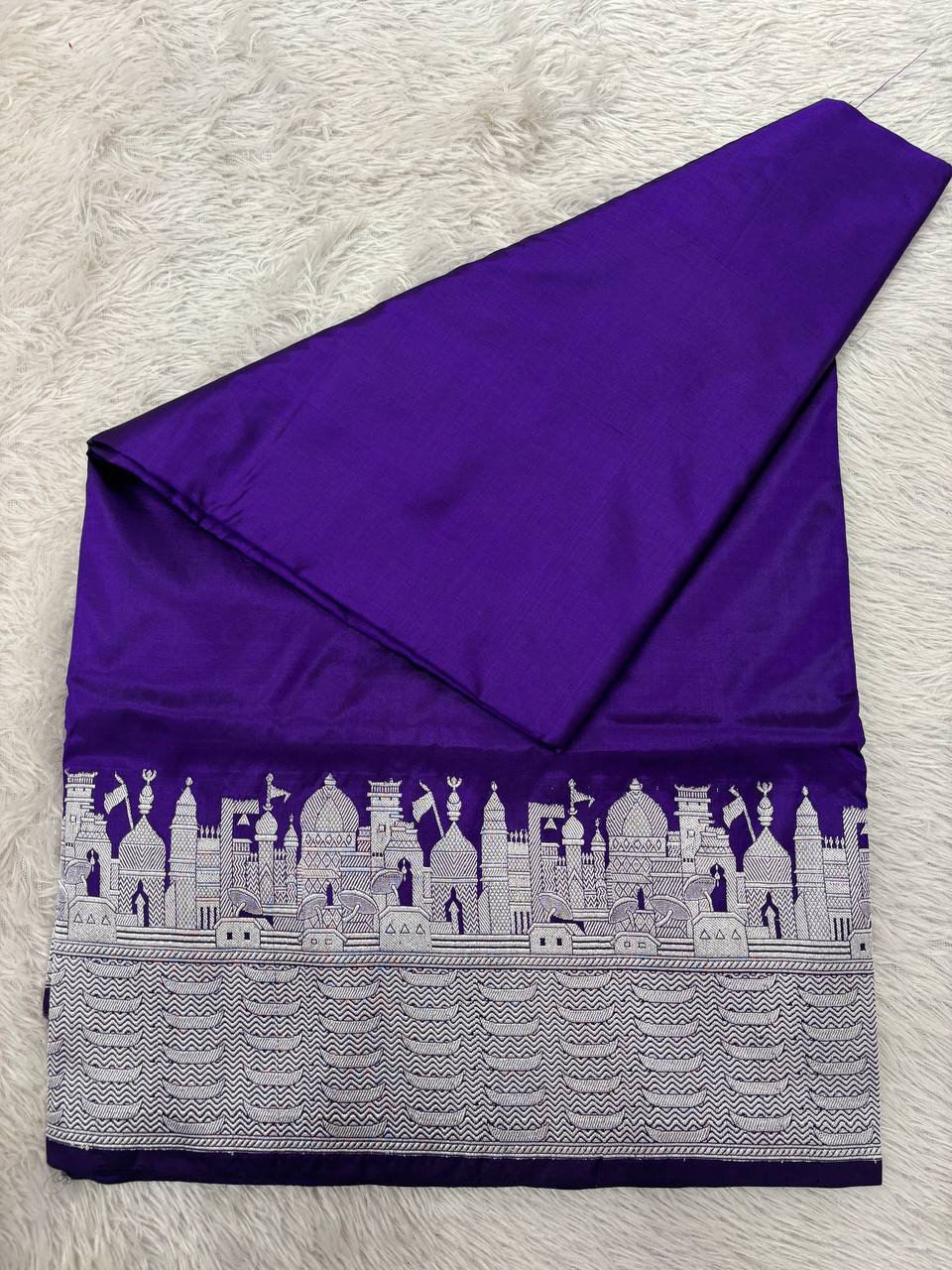 Royal Purple Handloom Banarasi Katan Silk Saree | Silver Zari Kadhua Varanasi Ghat Landscape & Baajra Boat Border