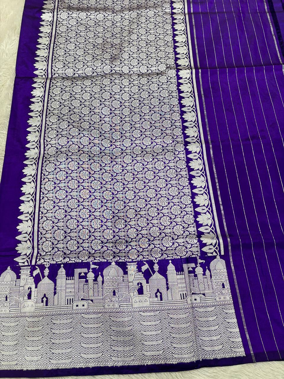 Royal Purple Handloom Banarasi Katan Silk Saree | Silver Zari Kadhua Varanasi Ghat Landscape & Baajra Boat Border