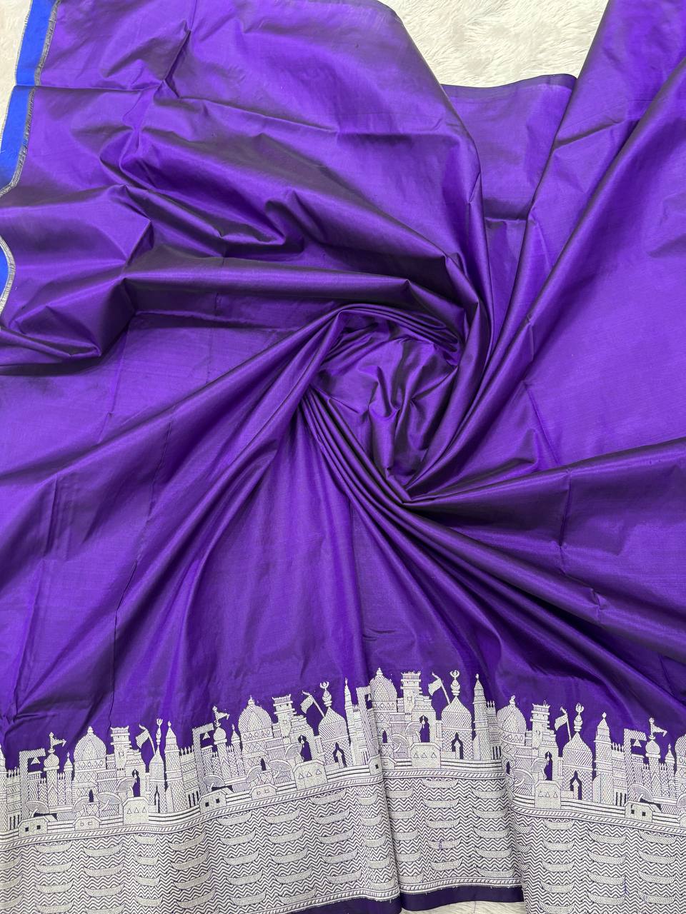 Royal Purple Handloom Banarasi Katan Silk Saree | Silver Zari Kadhua Varanasi Ghat Landscape & Baajra Boat Border