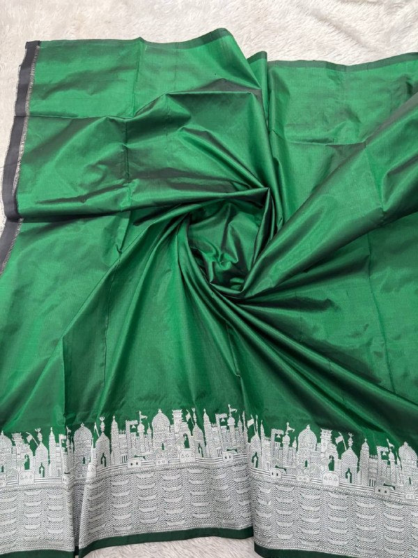 Emerald Green Handloom Banarasi Katan Silk Saree | Silver Zari Kadhua Varanasi Ghat Landscape & Baajra Boat Border