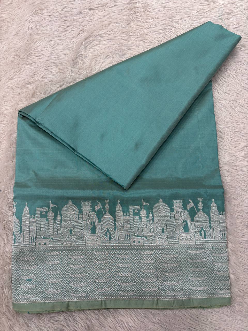 Sea Green Handloom Banarasi Katan Silk Saree | Silver Zari Kadhua Varanasi Ghat Landscape & Baajra Boat Border