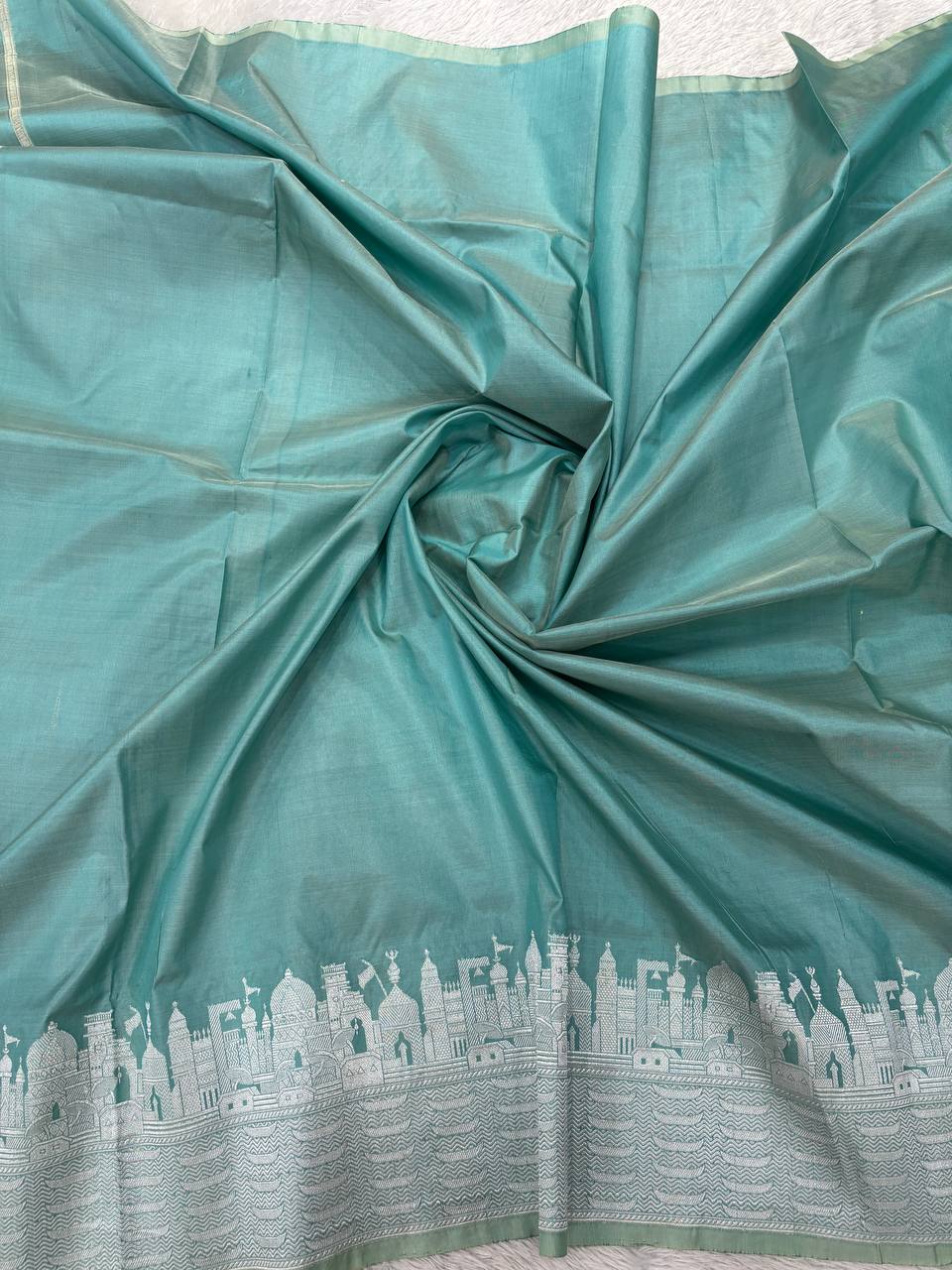 Sea Green Handloom Banarasi Katan Silk Saree | Silver Zari Kadhua Varanasi Ghat Landscape & Baajra Boat Border