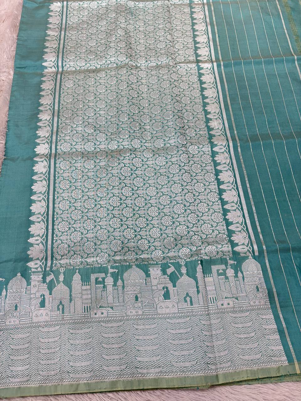 Sea Green Handloom Banarasi Katan Silk Saree | Silver Zari Kadhua Varanasi Ghat Landscape & Baajra Boat Border