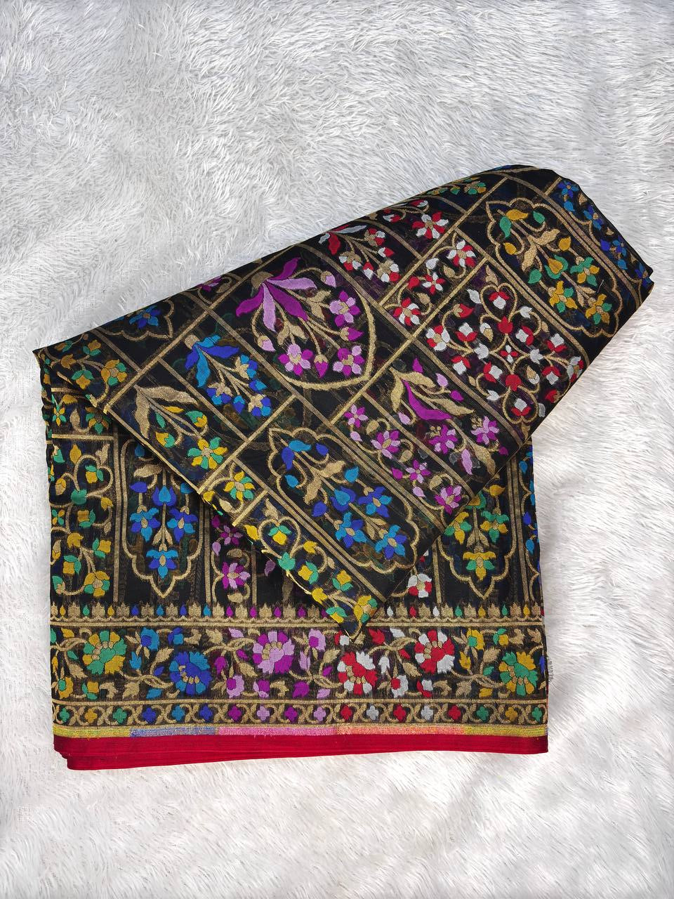Midnight Black Handloom Banarasi Organza Jamdani Saree | Gold Zari Grid Matrix & Vibrant Window Pane Floral Meenakari Jaal