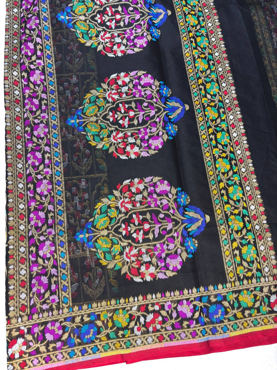 Midnight Black Handloom Banarasi Organza Jamdani Saree | Gold Zari Grid Matrix & Vibrant Window Pane Floral Meenakari Jaal