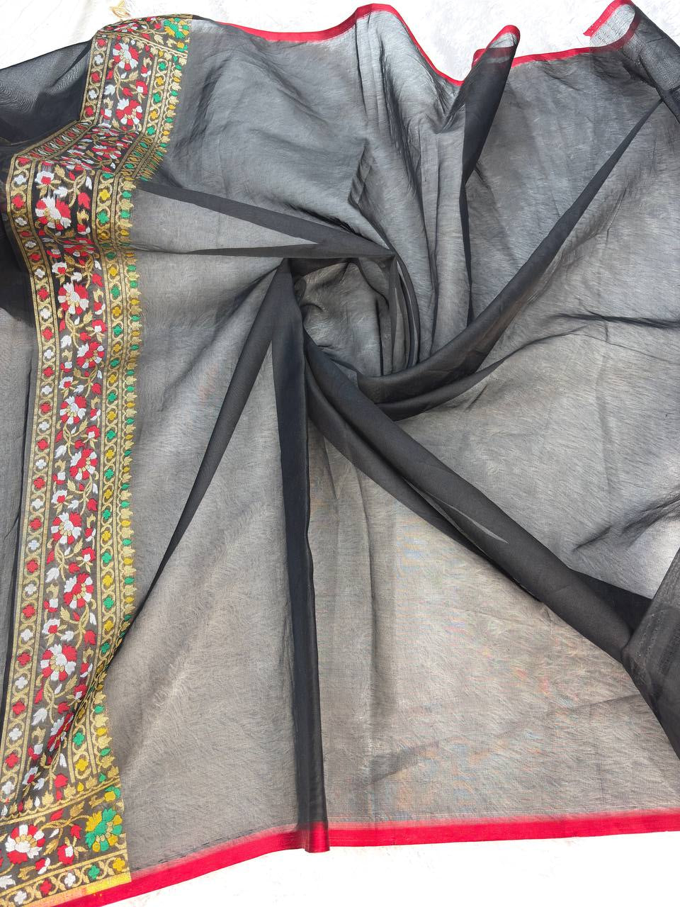 Midnight Black Handloom Banarasi Organza Jamdani Saree | Gold Zari Grid Matrix & Vibrant Window Pane Floral Meenakari Jaal