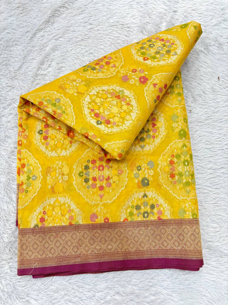 Mustard Yellow Handloom Banarasi Organza Jamdani Saree | Silver & Gold Zari All-Over Shikargah Floral Shikargah Medallion Jaal & Contrast Plum Wine Border