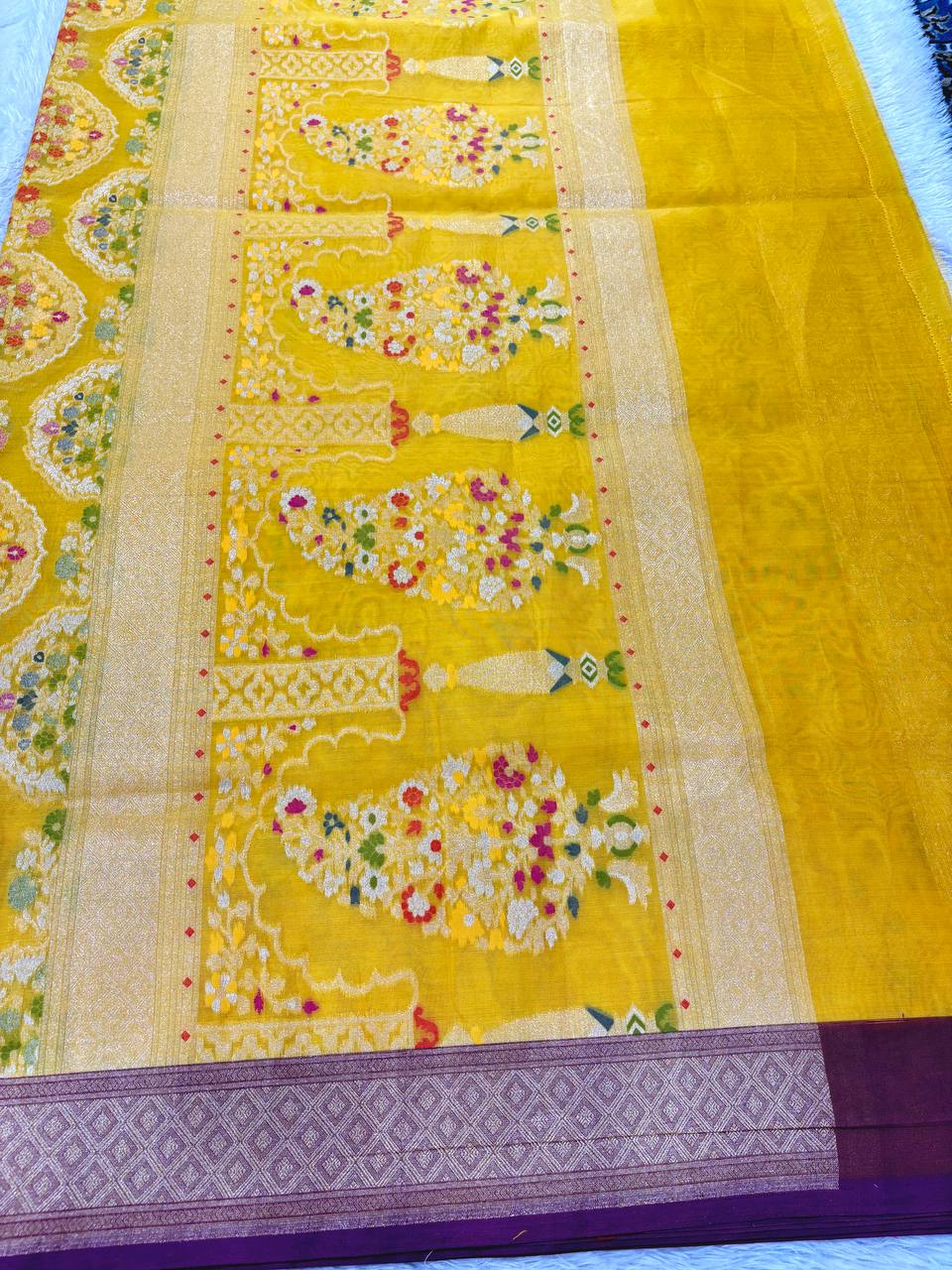 Mustard Yellow Handloom Banarasi Organza Jamdani Saree | Silver & Gold Zari All-Over Shikargah Floral Shikargah Medallion Jaal & Contrast Plum Wine Border