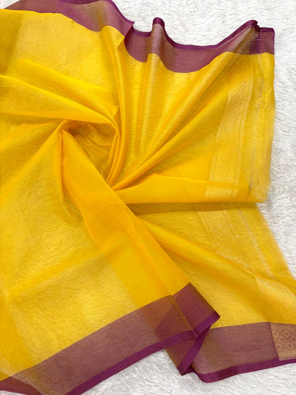 Mustard Yellow Handloom Banarasi Organza Jamdani Saree | Silver & Gold Zari All-Over Shikargah Floral Shikargah Medallion Jaal & Contrast Plum Wine Border