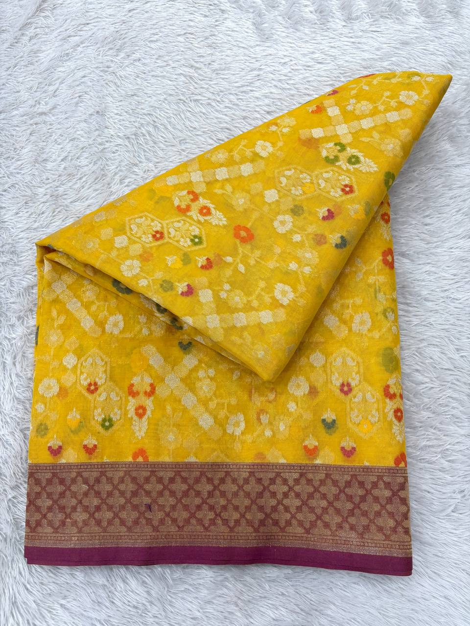 Mustard Yellow Handloom Banarasi Organza Jamdani Saree | Silver & Gold Zari All-Over Chowkda Meenakari Jaal & Contrast Plum Wine Border