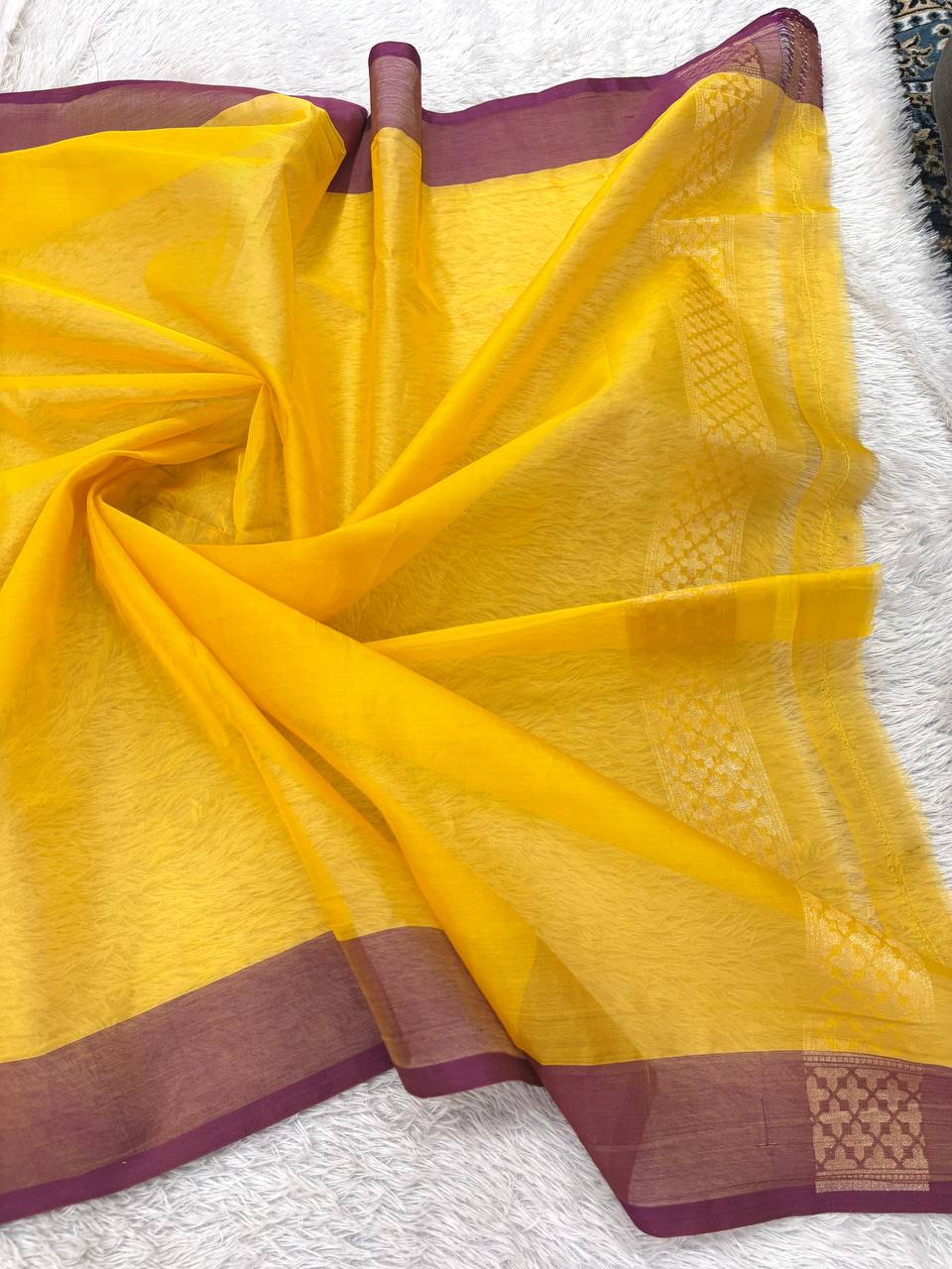Mustard Yellow Handloom Banarasi Organza Jamdani Saree | Silver & Gold Zari All-Over Chowkda Meenakari Jaal & Contrast Plum Wine Border
