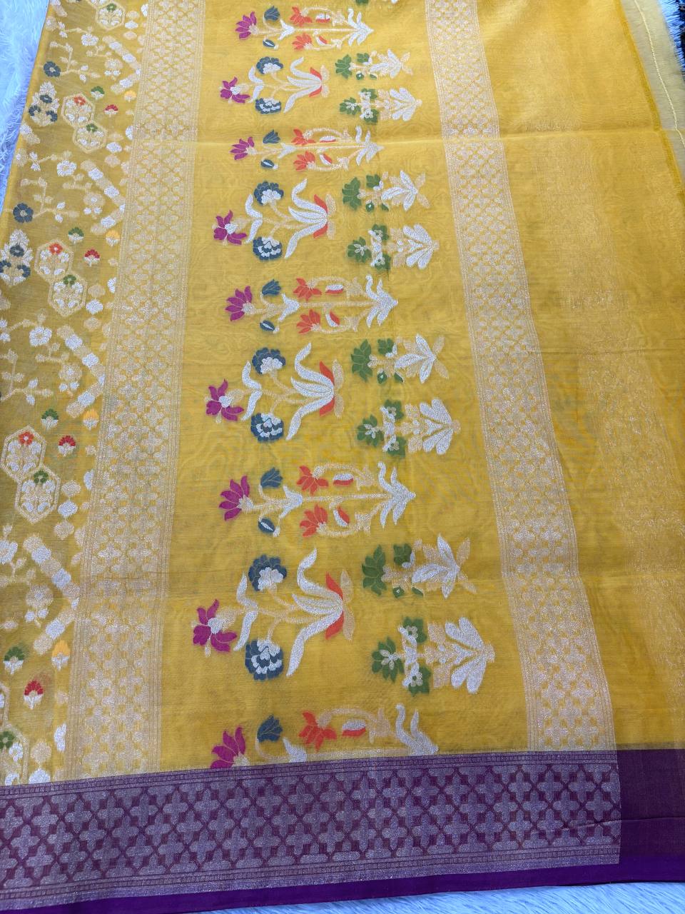 Mustard Yellow Handloom Banarasi Organza Jamdani Saree | Silver & Gold Zari All-Over Chowkda Meenakari Jaal & Contrast Plum Wine Border